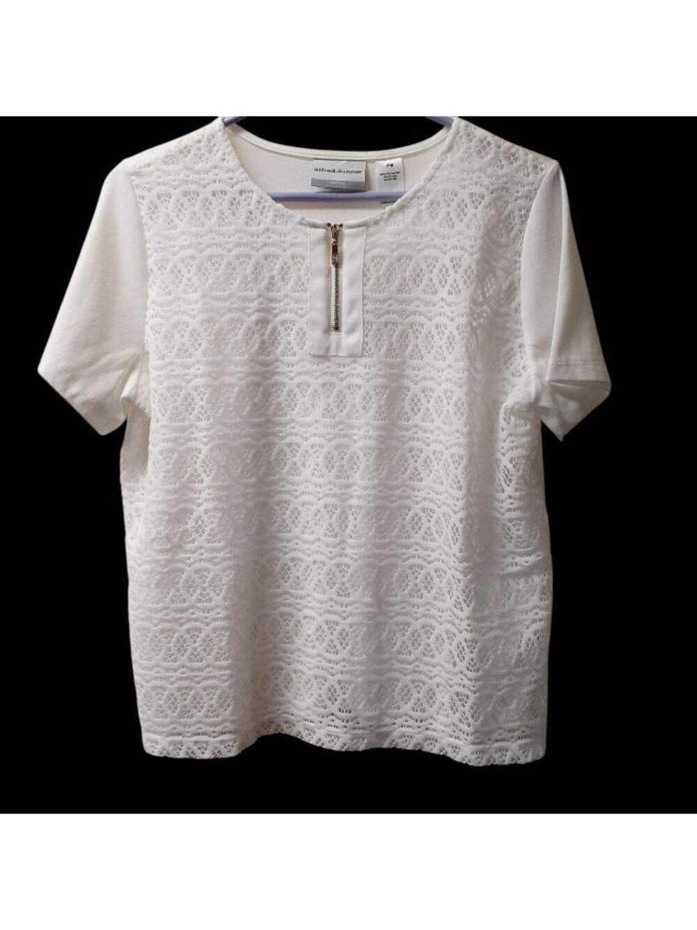 Alfred Dunner Womens Blouse PM White Total Lace Overlay Front Short Sleeve